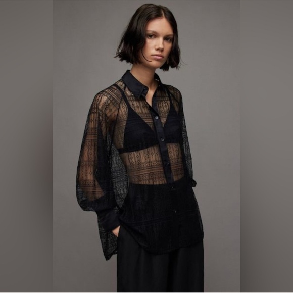 Jason Wu Tops - Jason Wu Black Satin Trim Lace Sheer Blouse Top Button Up Front Women's Sz M NWT